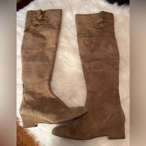 Tan Suede Wedge Over the Knee Boot
